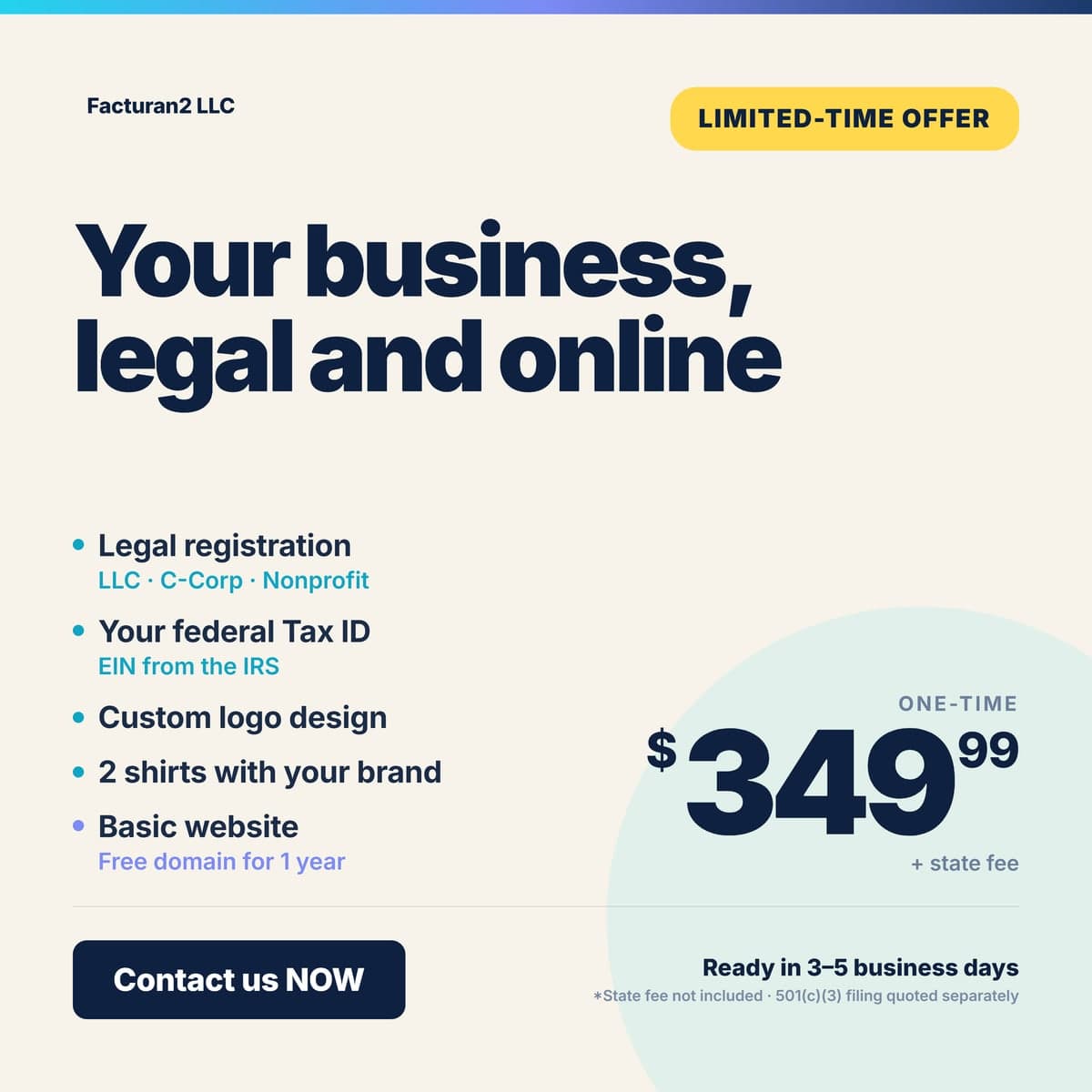 Promotion: your business registered and online for $349.99